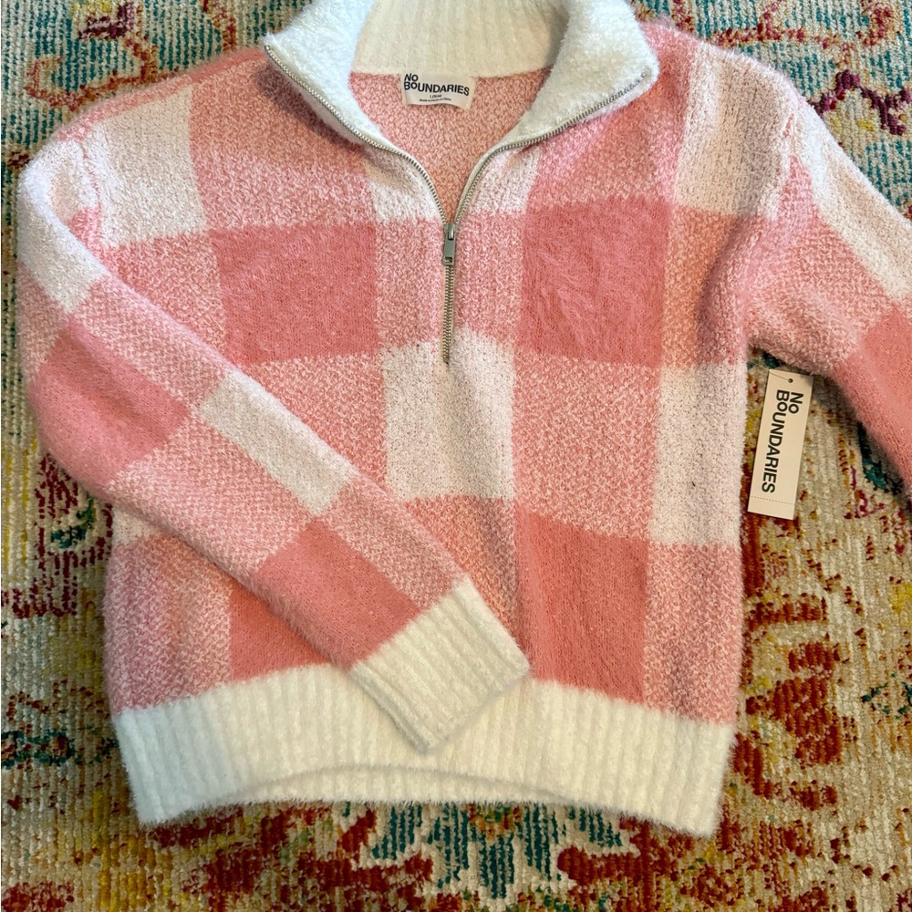 No Boundaries Pink and White Plaid Women's Sweater